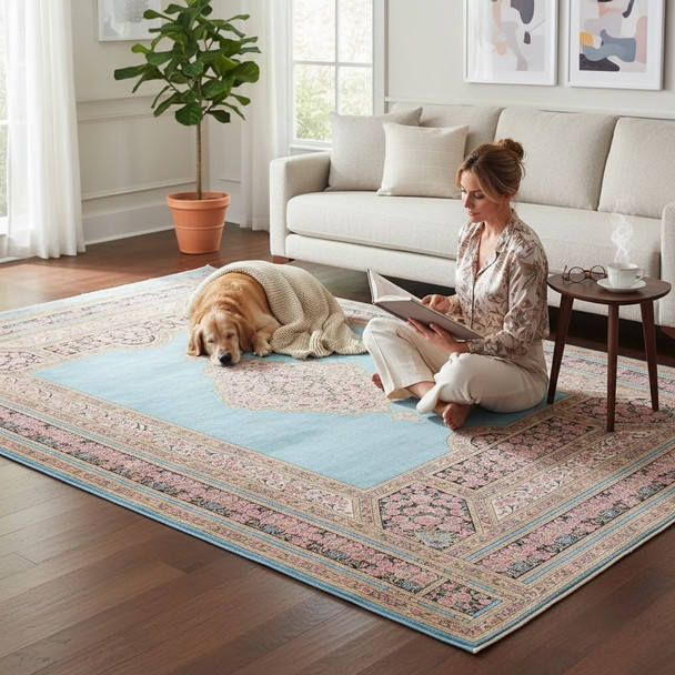 Machine-made silk carpet 230x155 cm with sky blue floral medallion design