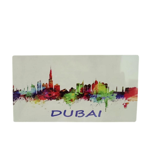 A sophisticated aluminium rectangular magnet that blends modern printing with a creative and vibrant Dubai skyline aesthetic.