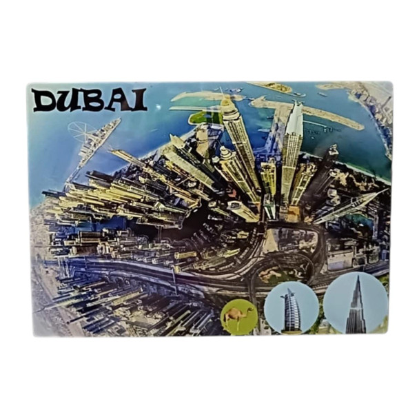 A durable 14x8 cm aluminum magnet capturing the vast Dubai metropolis, accented by landmark icons in circular frames.