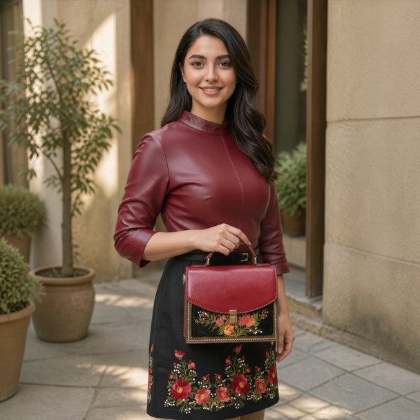 A professional product presentation of the artisanal genuine cow leather handbag from a premier UAE gift shop.