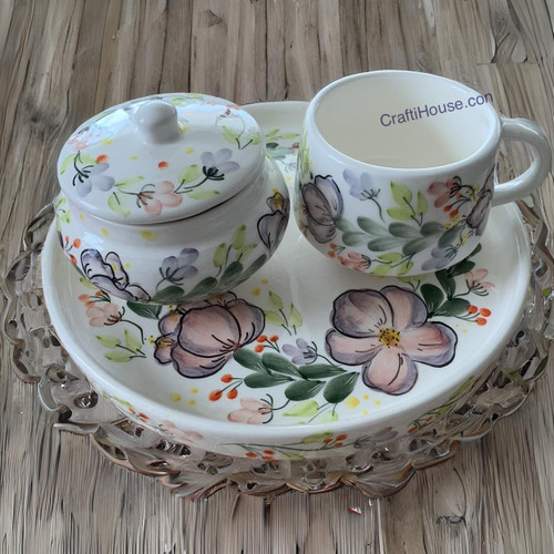 Hand Painted Ceramic Tea Serving Set Tray, Bowl, Cup