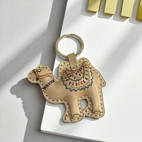 Crafted Camel Leather Keychain with Embroidered Saddle | Handmade Souvenir