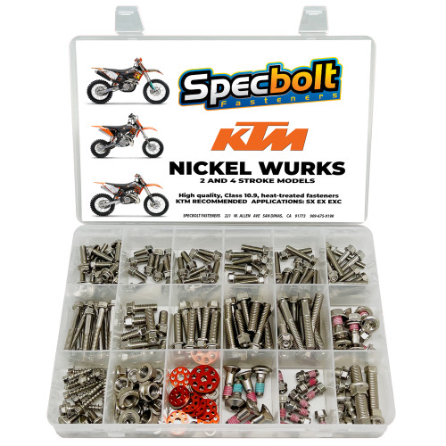 Specbolt KTM Nickel Wurks Bolt Kit MX Enduro Off Road Motorcycles Metric Hardware 10.9 Grade M5 M6 M8 M10 Specbolt KTM Nickel Wurks Bolt Kit MX Enduro Off Road Motorcycles Metric Hardware 10.9 Grade M5 M6 M8 M10