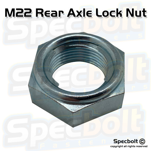 Specbolt Rear Axle Fuji Lock Nut M22 
Honda 90305-KZ4-J20, 90305-MAZ-000, Kawasaki 92210-0939, 92210-1411 (castle nut), Suzuki 64721-13K00, 09159-22007, K9221-01411 (castle nut), Yamaha 90185-22011-00