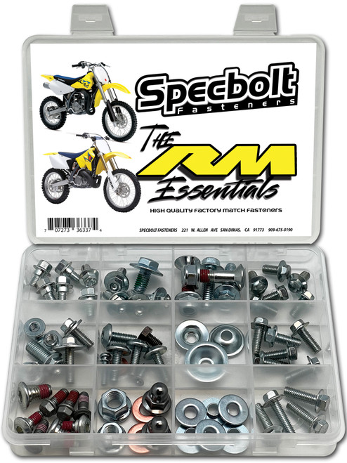 Suzuki RM
M8X25 Subframe Bolts
Kick Start Bolt (most)
Seat Bolts
Fork Guard Bolts
M8 Flange Acorn Nuts w Copper Washers
Radiator Shroud Bolts
Side Panel Bolts
Master Cylinder Bolts/Lid Screw
Sprocket Bolts
M8 Fuji Lock Nuts
M6 Nylock & M8 & M10 Flange Nut
Brake Rotor Bolts
M6 Coolant Drain/Oil Check Bolt w Copper Washer
Suzuki type square Rear Fender Nuts
Stamped Bushings for Plastics/Shrouds/Chain Slider
M6 SEMS Bolts w integrated washer assortment
Carburetor Float Bowl Screw w integrated lock washer Suzuki RM
M8X25 Subframe Bolts
Kick Start Bolt (most)
Seat Bolts
Fork Guard Bolts
M8 Flange Acorn Nuts w Copper Washers
Radiator Shroud Bolts
Side Panel Bolts
Master Cylinder Bolts/Lid Screw
Sprocket Bolts
M8 Fuji Lock Nuts
M6 Nylock & M8 & M10 Flange Nut
Brake Rotor Bolts
M6 Coolant Drain/Oil Check Bolt w Copper Washer
Suzuki type square Rear Fender Nuts
Stamped Bushings for Plastics/Shrouds/Chain Slider
M6 SEMS Bolts w integrated washer assortment
Carburetor Float Bowl Screw w integrated lock washer