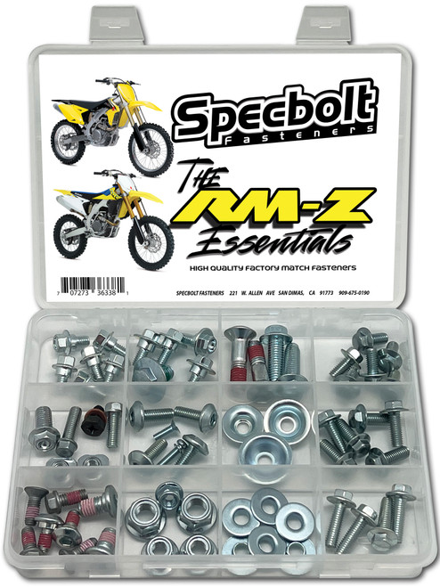 Suzuki RMZ
M8X25 Subframe Bolts
Kick Start Bolt (most)
Seat Bolt
Fork Guard Bolts
Radiator Shroud Bolts
Side Panel Bolts
Master Cylinder Bolts/Lid Screw
Sprocket Bolts
M6, M8 & M10 Fuji Lock Nuts
Brake Rotor Bolts
M6 Coolant Drain/Oil Check Bolt w Copper Washer
Suzuki type square Rear Fender Nuts
Stamped Bushings for Plastics/Shrouds/Chain Slider
Carburetor Float Bowl Screw w integrated lock washer Suzuki RMZ
M8X25 Subframe Bolts
Kick Start Bolt (most)
Seat Bolt
Fork Guard Bolts
Radiator Shroud Bolts
Side Panel Bolts
Master Cylinder Bolts/Lid Screw
Sprocket Bolts
M6, M8 & M10 Fuji Lock Nuts
Brake Rotor Bolts
M6 Coolant Drain/Oil Check Bolt w Copper Washer
Suzuki type square Rear Fender Nuts
Stamped Bushings for Plastics/Shrouds/Chain Slider
Carburetor Float Bowl Screw w integrated lock washer