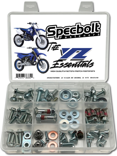 Yamaha YZ
M8x25 Subframe Bolts
Kick Start Bolt (most)
Seat Bolts
Fork Guard Bolts 
Radiator Shroud Bolts
Side Panel Bolts
Master Cylinder Bolts
Sprocket Bolts
M8 Fuji Lock Nuts
Brake Rotor Bolts
M6 Coolant Drain/Oil Check Bolt w Copper Washer
Yamaha type square Rear Fender Nuts
Stamped Bushings for Plastics/Chain Slider
M5 Chain Slider Shoulder Bolts
M8 Cylinder Head Acorn Nuts w Copper Washers
SEMS Bolt assortment Yamaha YZ
M8x25 Subframe Bolts
Kick Start Bolt (most)
Seat Bolts
Fork Guard Bolts 
Radiator Shroud Bolts
Side Panel Bolts
Master Cylinder Bolts
Sprocket Bolts
M8 Fuji Lock Nuts
Brake Rotor Bolts
M6 Coolant Drain/Oil Check Bolt w Copper Washer
Yamaha type square Rear Fender Nuts
Stamped Bushings for Plastics/Chain Slider
M5 Chain Slider Shoulder Bolts
M8 Cylinder Head Acorn Nuts w Copper Washers
SEMS Bolt assortment