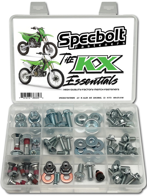 Kawasaki KX
M8x20 & M8x25 Subframe Bolts
Kick Start Bolt (most)
Seat Bolts
Cylinder Head Acorn Flange Nuts w Copper washers
Fork Guard Bolts 
Radiator Shroud Bolts
Side Panel Bolts
Master Cylinder Bolts/Lid Screw
Sprocket Bolts
M8 Fuji Lock Nuts
M6 & M8 Flange Nuts
Brake Rotor Bolts
M6 Coolant Drain/Oil Check Bolt w Copper Washer
Kawasaki type square Rear Fender Nuts
Stamped Bushings for Plastics/Shrouds/Chain Slider
M6 SEMS Bolt w integrated washer assortment
Carburetor Float Bowl Screw w integrated lock washer Kawasaki KX
M8x20 & M8x25 Subframe Bolts
Kick Start Bolt (most)
Seat Bolts
Cylinder Head Acorn Flange Nuts w Copper washers
Fork Guard Bolts 
Radiator Shroud Bolts
Side Panel Bolts
Master Cylinder Bolts/Lid Screw
Sprocket Bolts
M8 Fuji Lock Nuts
M6 & M8 Flange Nuts
Brake Rotor Bolts
M6 Coolant Drain/Oil Check Bolt w Copper Washer
Kawasaki type square Rear Fender Nuts
Stamped Bushings for Plastics/Shrouds/Chain Slider
M6 SEMS Bolt w integrated washer assortment
Carburetor Float Bowl Screw w integrated lock washer