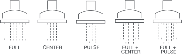 infographic of a showerhead 5 sprat setting: full, center, pulse, full plus center and full plus pulse