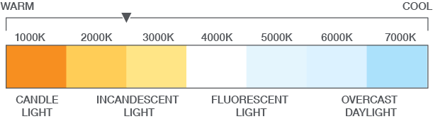 infographic of the color temperature kelvin scale ranging from warm Candle light 1000K to cool blue overcast light 7000K. This bulb is warm white 2700K.