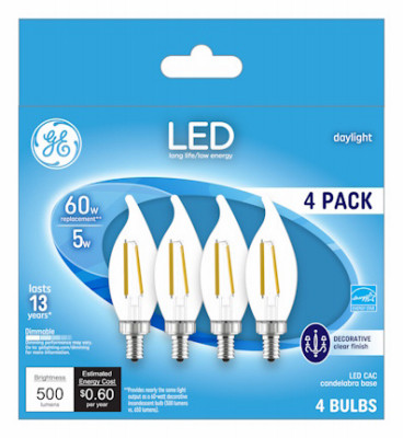 Decorative LED Light Bulbs, Candelabra Base, Daylight, Clear, Dimmable, 500 Lumens, 5 Watt, 4-Pk.