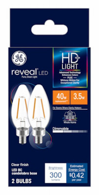 Reveal HD+ Decorative LED Light Bulbs, Candelabra Base, Clear, Dimmable, 240 Lumens, 4 Watt, 2-Pk.