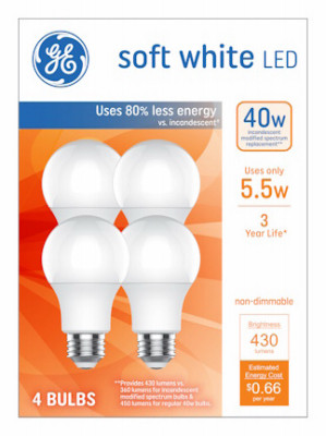 LED Light Bulbs, Soft White, A19 Shape, Medium Base, 5.5 Watts, 4-Pk.