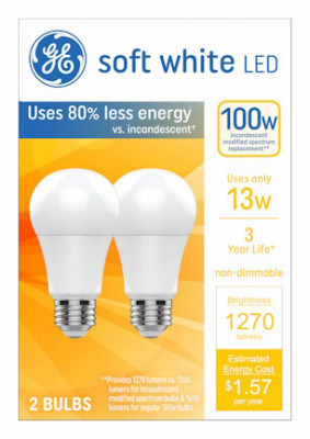 LED Light Bulbs, Soft White, A19 Shape, Medium Base, 13 Watts, 2-Pk.