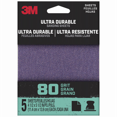 Ultra Durable Sanding Sheet, 80 Grit, 1/4-Sheet, 4.5 x 5.5 In., 5-Pk.