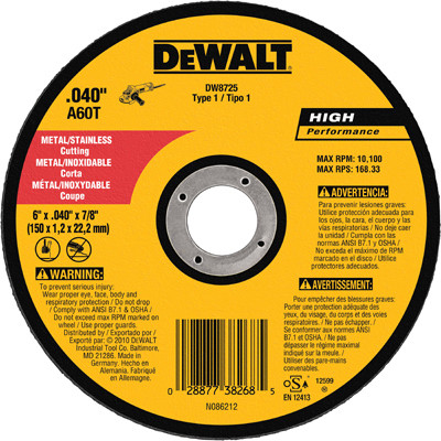 Metal/Stainless Cutting Wheel, 7/8 x .040 x 6 In.