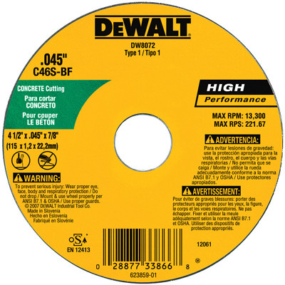 Concrete/Masonry Cutting Wheel, .045 x 7/8 x 4.5 In.