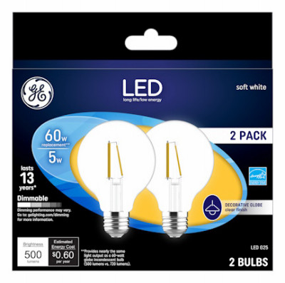 LED Globe Light Bulbs, Soft White, Clear, Dimmaable, 500 Lumens, 5 Watt, 2-Pk.