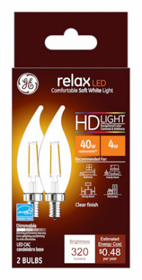 Relax HD Decorative LED Light Bulbs, Candelabra Base, Soft White, Clear, Dimmable, 300 Lumens, 4 Watt, 2-Pk.