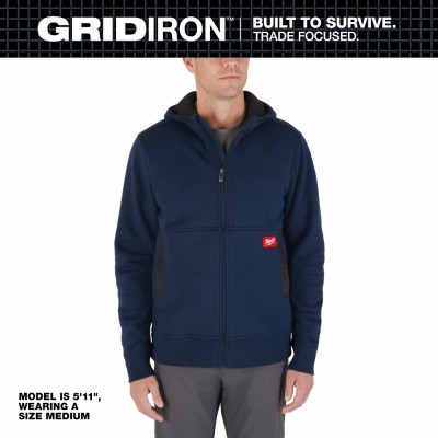 Gridiron Zip Front Hooded Sweatshirt, Heavyweight Cotton/poly, Blue, 2XL