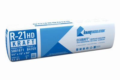 R-21 Kraft Faced Fiberglass Insulation Batt, Heavy-Duty, 15 x 93 In.