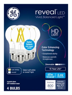 Reveal LED Light Bulbs, Clear, A19, 6.4 Watt, 4-Pk.
