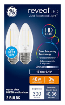 Reveal HD+ Decorative LED Light Bulbs, Clear, Dimmable, 300 Lumens, 3.0 Watt, 2-Pk.