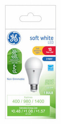 LED 3-Way Light Bulb, Soft White, A19 Medium Base, 4/9/13 Watt