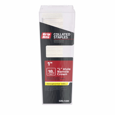 Collated Narrow Crown Staples, L-Style Electrogalvanized Steel, 1 In. x 18 Gauge, 1000-Pk.