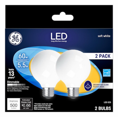 LED Globe Light Bulbs, Soft White, Frosted, 500 Lumens, 5.5 Watt, 2-Pk.