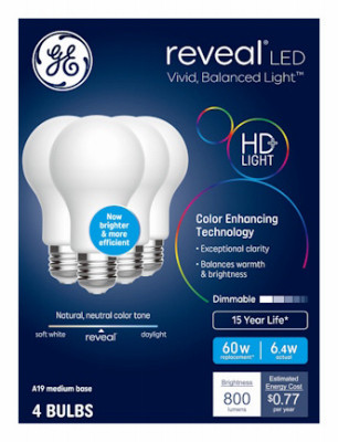 Reveal HD LED Light Bulbs, Clean White Frosted, 6.4 Watt, 800 Lumens, 4-Pk.