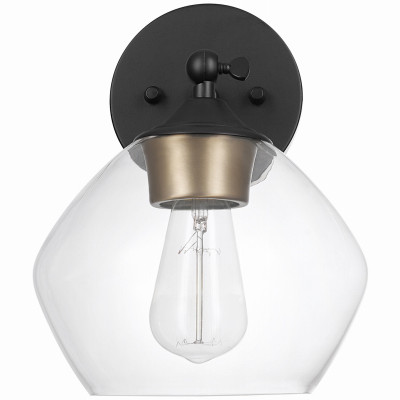 Harrow Wall Sconce, Gold Accent Socket, Clear Glass Shade, Matte Black