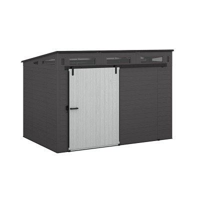 Modernist Resin Storage Shed, Sliding Barn Door, Peppercorn, Cream & Black, 10 x 7 Ft.