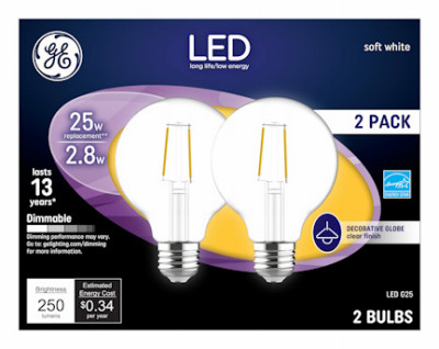 Decorative Globe LED Light Bulbs, Soft White, Clear, 250 Lumens, 2.8 Watt, 2-Pk.