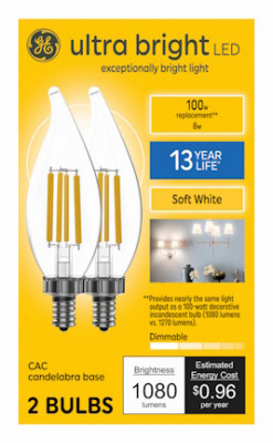 LED Candle-Shape Ultra Bright Light Bulbs, Candelabra Base, Soft White, 8 Watt, 2-Pk.