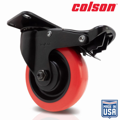 4 in. Red Polyurethane and Black Swivel Plate Caster with Locking Brake