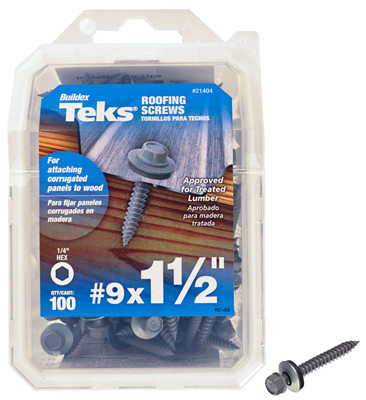 Roofing Screws, Hex Washer Head, Sharp Point, #9 x 1-1/2 In., 100-Pk.