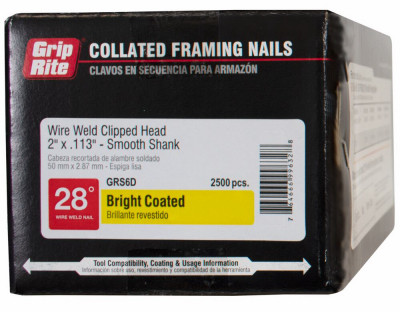 Collated Common Nails, Smooth Steel, Clipped Head, Welded Wire, 28 Degree, 2 x .113 In., 2500-Pk.