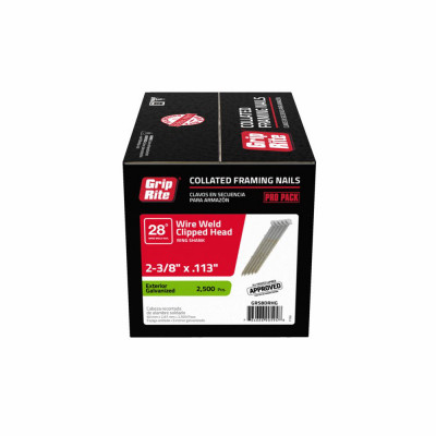 Collated Common Nails, Smooth Steel, Clipped Head, Welded Wire, 28 Degree, 2-3/8 x .113 In., 2500-Pk.