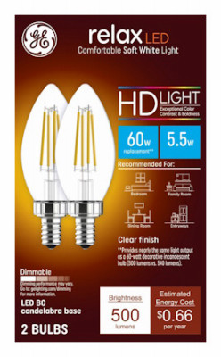 LED HD Relax Soft White Light Bulbs, Clear, B11, Candelabra Base, 5.5 Watt, 2-Pk.