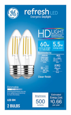 LED HD Refresh Daylight Light Bulbs, B11, Medium Base, 5.5 Watt, 2-Pk.