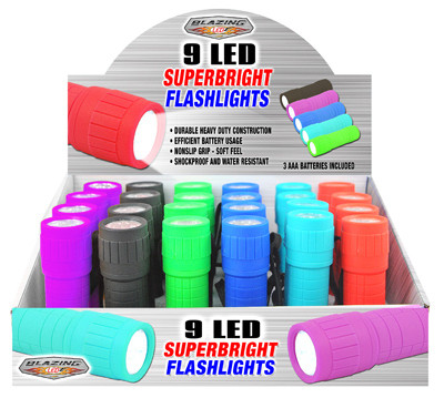 9 LED Super Bright Flashlight, Assorted Colors, 3 AA Batteries (24 pieces)