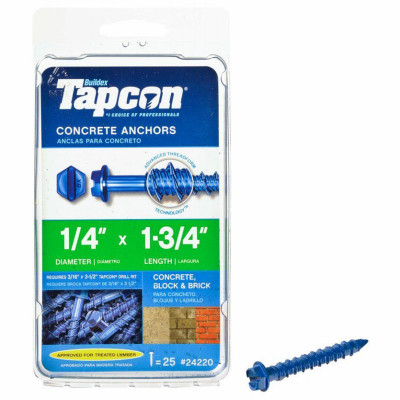 Concrete Anchors, Hex Washer Head, 1/4 x 1-3/4 In., 25-Pk.