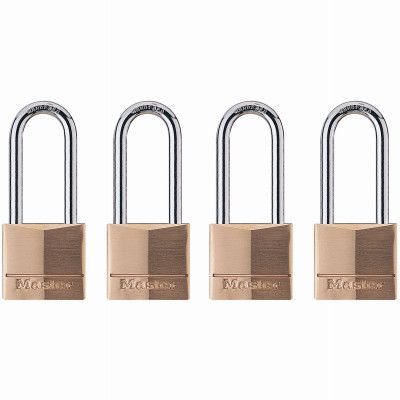 Solid-Brass Keyed-Alike Padlocks, Long Shackle, 4-Pack, 1-9/16 In.