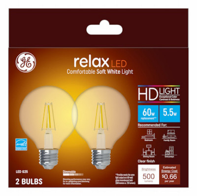 LED Relax Globe Light Bulbs, Clear Soft White, 500 Lumens, 5.5 Watt, 2-Pk.