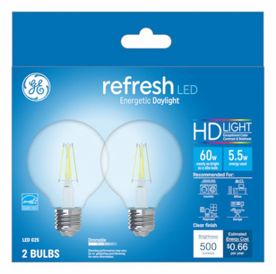 LED Refresh Globe Light Bulbs, Clear Daylight, 500 Lumens, 5.5 Watt, 2-Pk.