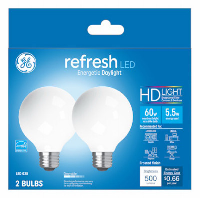 LED Refresh Globe Light Bulbs, Daylight, 500 Lumens, 5.5 Watt, 2-Pk.
