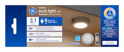 LED Puck Light, White Plastic, Plug In, 3.1 In., 4 Watt, 3-Pk.