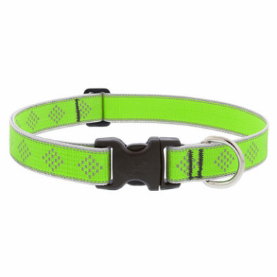 Adjustable Medium Dog Collar, Reflective Green Diamond Pattern, 1 x 16 - 28-In.