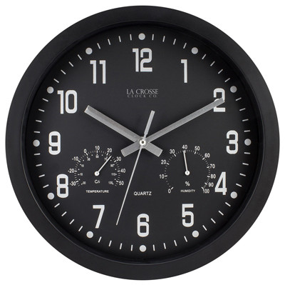 Quartz Wall Clock, Black, With Temp/Humidity, 12 In.